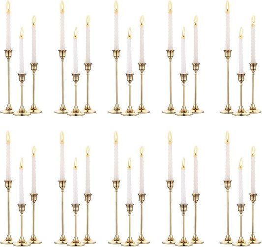 SylvaCraft Brass Gold Candle Holders Rustproof Taper Candlestick Holders for Holiday Party Table Centerpiece Wedding Fireplace Mantel Housewarming Gift(10 Sets(30 Pcs))