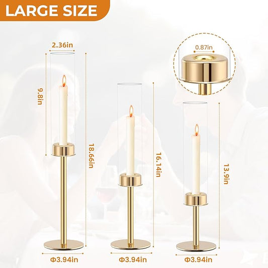 Rose Gold Taper Candle Holder Set, 3pcs Glass Hurricane Tall Candlestick Holders, Vintage Candelabra, Premium Gift Set for Home Decor Aesthetic, Birthday Parties, Weddings & Christmas Decorations