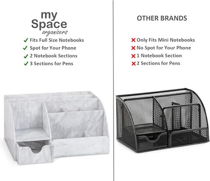 My Space Organizers Marble Desk Organizer For Office Supplies And Accessories - 9 Sections - Pencil Pen Holder Storage - Desktop Organization Decor Essentials (White Grey Marble)