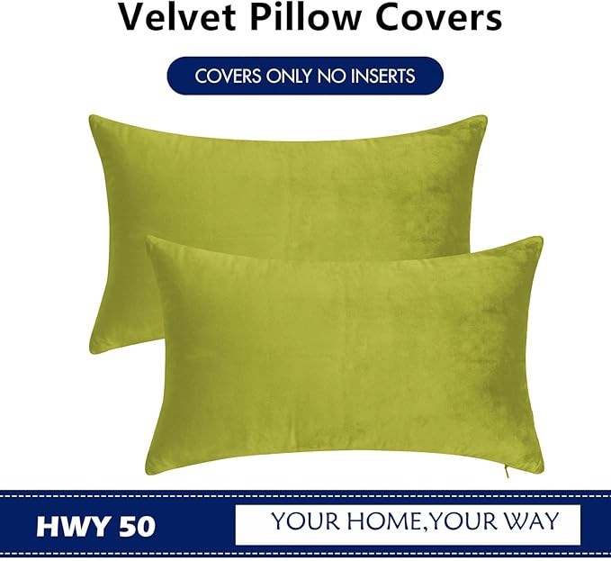 HWY 50 Leaf Green Velvet Rectangular Throw Pillow Covers 12x20 Inch, Pack of 2 Soft Cozy Solid Decorative Luxury Cushion Cases for Couch Sofa Bed Living Room Bedroom