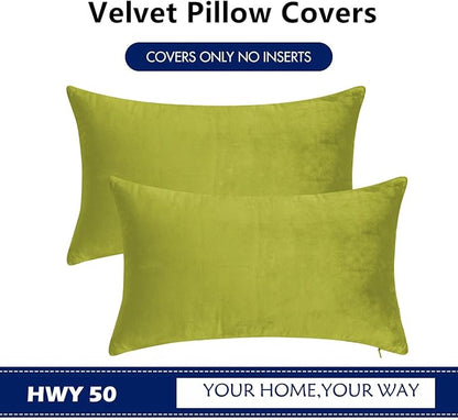 HWY 50 Leaf Green Velvet Rectangular Throw Pillow Covers 12x20 Inch, Pack of 2 Soft Cozy Solid Decorative Luxury Cushion Cases for Couch Sofa Bed Living Room Bedroom