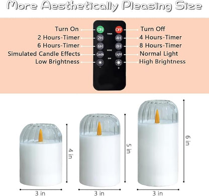 Rechargeable Jar Flameless Candle, Flashing LED Pillar Real Wax Candle with Remote Control and Timer, White Pumpkin Glass Electronic Candles for Room Decoration, 1 Set of 3