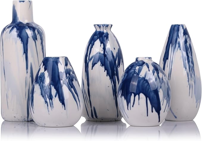 Set of 5 Blue and White Ceramic Small Bud Vases - Modern Farmhouse Navy Blue Decorative Vases for Home, Office, Living Room, Table Decor - Ideal Centerpieces for Flowers, Shelf and Fireplace Accents