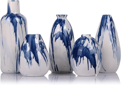 Set of 5 Blue and White Ceramic Small Bud Vases - Modern Farmhouse Navy Blue Decorative Vases for Home, Office, Living Room, Table Decor - Ideal Centerpieces for Flowers, Shelf and Fireplace Accents