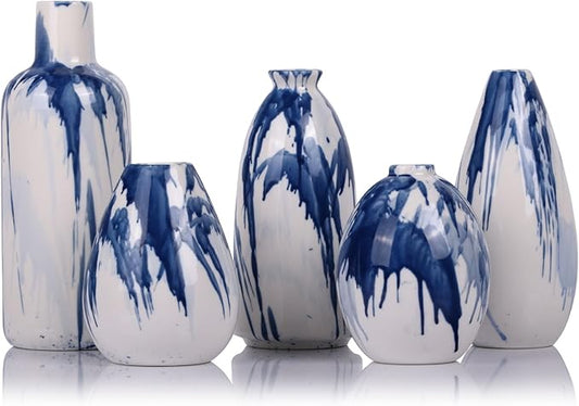 Set of 5 Blue and White Ceramic Small Bud Vases - Modern Farmhouse Navy Blue Decorative Vases for Home, Office, Living Room, Table Decor - Ideal Centerpieces for Flowers, Shelf and Fireplace Accents