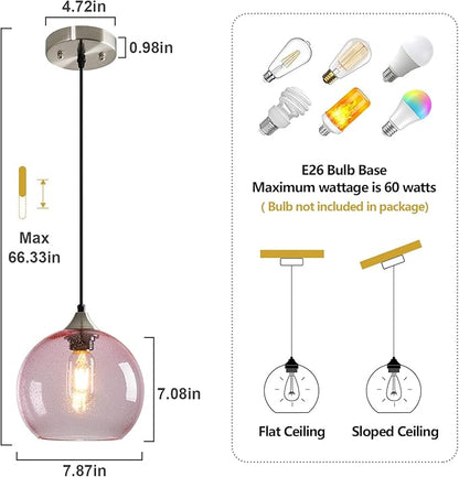 Pink Glass Pendant Lights Kitchen Island Lighting Globe Pendant Light Fixtures Modern Pendant Lighting for Bedroom Living Dining Room Light Fixture (7.87 in, 3 Pack)
