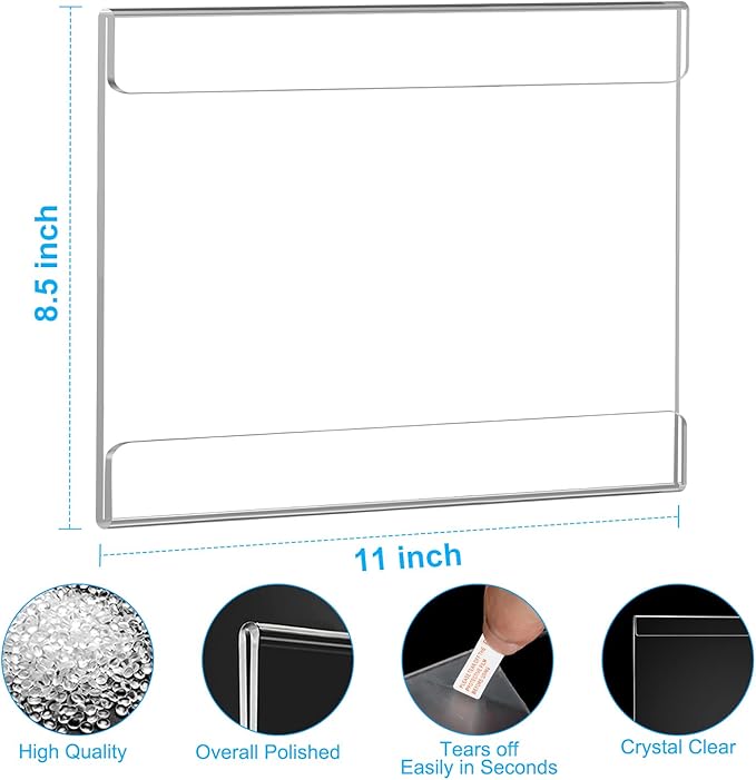 EHWINE 6 Pack 8.5 x 11 Wall Mount Acrylic Sign Holder, Horizontal Wall Signs Photo Menu Flyer Display Holders, Plastic Clear Acrylic Frames for Office Home Hotel Business Store (with Adhesive Tape)