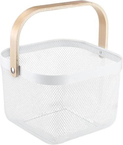 Metal Mesh Wire Basket, Large Steel Basket with Wooden Handle Storage Organizer Basket Multi-functional Hanging Kitchen Baskets Fruit Baskets for Kitchen Bathroom Cabinet Pantry Snacks, White