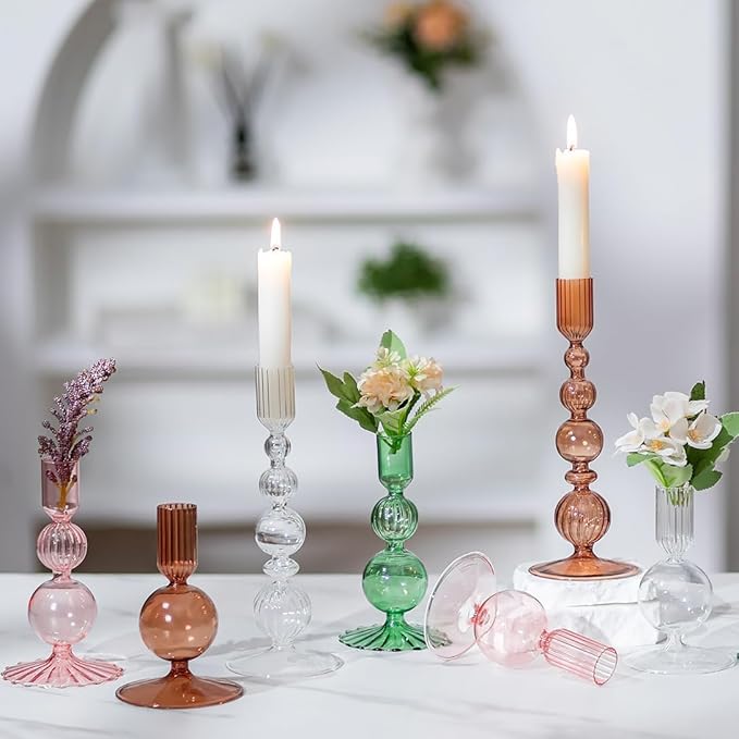 Hewory Glass Candlestick Holders Set: 3PCS Brown Candle Holder Taper Candle Holders Bulk, Crystal Ribbed Candle Sticks Holder Decor for Table Centerpiece Wedding Christmas Thanksgiving Dinner