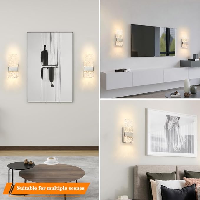 Modern Brushed Nickel Battery Operated Wall Sconces Set of 2 - Rechargeable LED Wall Sconce Lighting with Acrylic Shade, Wireless Bedroom/Living Room Art Deco Light Fixtures