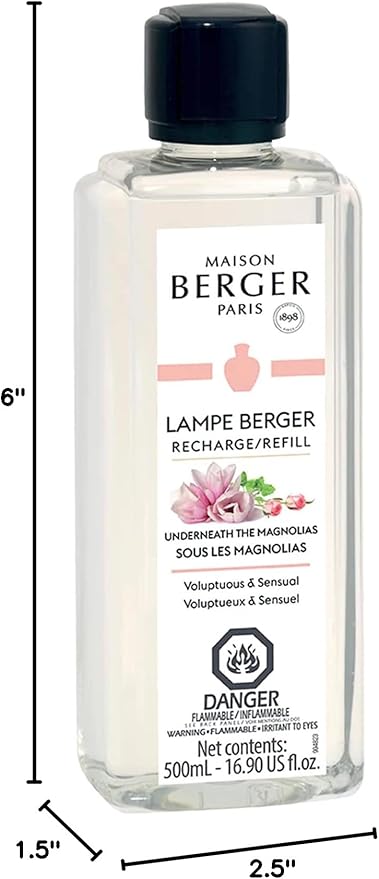 Maison Berger Underneath The Magnolias Lampe Berger Refill, 500 ml (16.9 fl oz), Odor-Neutralizing Home Fragrance Oil for Maison Berger Lamps, Damask Rose, Lemon, Arabian Rose, Made in France