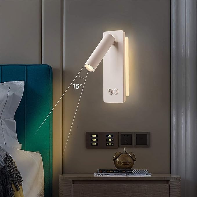Bedside Reading Lamp Wall Mounted, LED Wall Reading Lights for Bed, Plug in Wall Sconce Set of 2, Bed Reading Light 3W 3000K Book Light with 9W Ambient Lighting