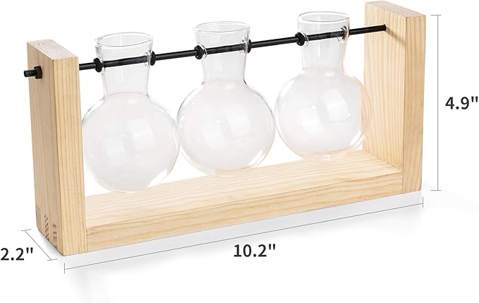 Mkono Plant Terrarium with Wooden Stand, Wall Hanging Glass Planter Desktop Plant Propagation Vase with Metal Swivel Retro Rack for Hydroponics Plants Home Office Decor (3 Bulb Vase)