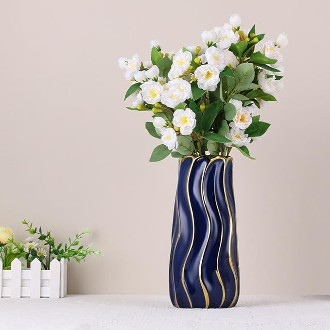 11.5" Blue Ceramic Vase - Minimalist Blue and Gold Flower Vase, Blue Decor Large Pampas Grass Vase, Boho Decorative Centerpiece Vase for Home Decor, Table, Shelf, Mantel, and Entryway