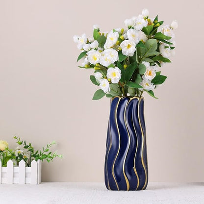 11.5" Blue Ceramic Vase - Minimalist Blue and Gold Flower Vase, Blue Decor Large Pampas Grass Vase, Boho Decorative Centerpiece Vase for Home Decor, Table, Shelf, Mantel, and Entryway