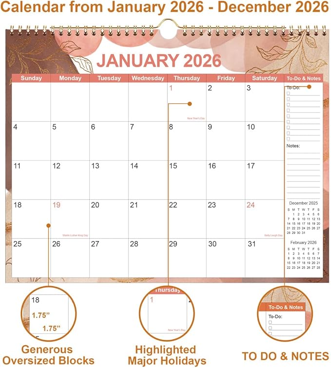 2026 Calendar - Wall Calendar 2026 from January 2026 - December 2026, 12 Months Calendars with Thick Paper, 11" x 14.5", Gold Leaf