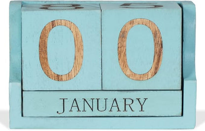 Wooden Desk Calendar,Desk Calendar Blocks for Teachers,Office Perpetual Date Block Small Home Desktop Decor Chic Vintage Month with Number Cubes Display Rustic Decoration(Ocean Blue)