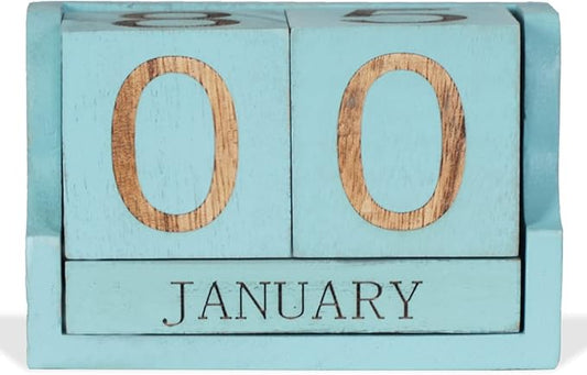 Wooden Desk Calendar,Desk Calendar Blocks for Teachers,Office Perpetual Date Block Small Home Desktop Decor Chic Vintage Month with Number Cubes Display Rustic Decoration(Ocean Blue)