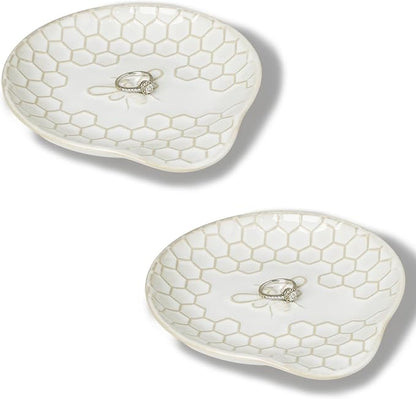 GDCZ Ceramic Jewelry Tray, 5.3" Decorative Dish, Personalized Jewelry Trays Tray with Pattern, Gifts for Friends, Sisters and Women,Set of 2 (White)