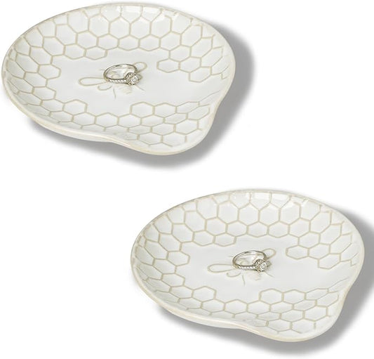 GDCZ Ceramic Jewelry Tray, 5.3" Decorative Dish, Personalized Jewelry Trays Tray with Pattern, Gifts for Friends, Sisters and Women,Set of 2 (White)