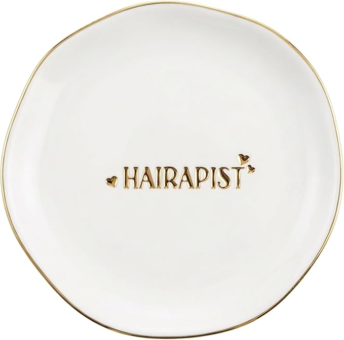 InnoBeta Hair Stylist Gifts, Hairdresser Gifts for Women, Ceramic Jewelry Tray, Decorative Trinket Dish for Rings Earrings Necklaces Bracelet Watch Keys, 4.75", White Surface Gold