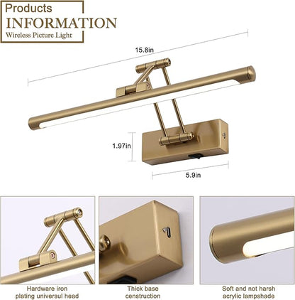 Battery Picture Lights for Wall, Rechargeable Gallery Light Wireless Art Display Lights with Dual-Rods Swing Arm Brass Painting Light with Remote & Timer 3CCT Dimmable Wall Sconces for Portrait 16”