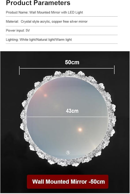 Crystal LED Vanity Mirror with Touch Control 3 Color Lights, Dimming 360° Rotation Elegant Luxury Wall Mounted HD Decorative Mirror(Wall Mounted Mirror-50cm)