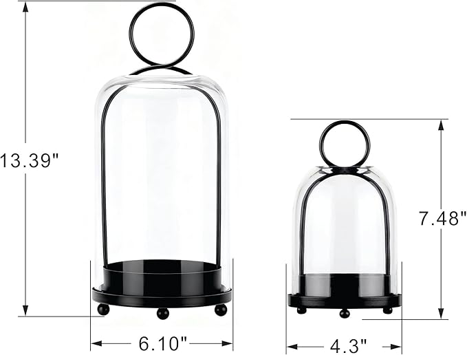 6" & 4" Wide Versatile Modern Metal Hurricane Lantern with Handmade Sturdy Glass Dome in Black for Pillar Candle & Plants, for Living Room, Porch, Mantel Decoration (Black, 4"x7.5" &6.3"x11.2")