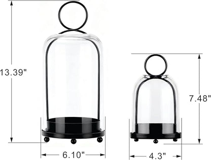 6" & 4" Wide Versatile Modern Metal Hurricane Lantern with Handmade Sturdy Glass Dome in Black for Pillar Candle & Plants, for Living Room, Porch, Mantel Decoration (Black, 4"x7.5" &6.3"x11.2")