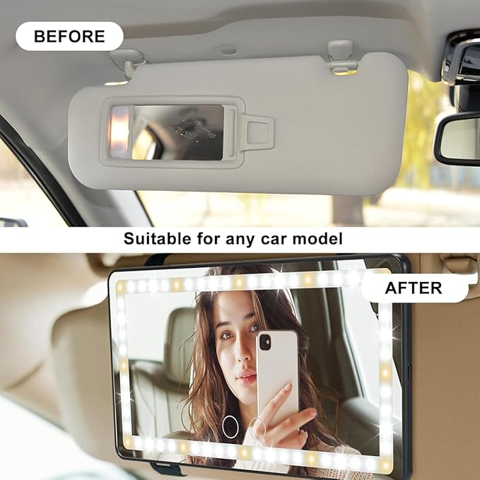 LED Car Sun Visor Vanity Mirror, Dimmable Rechargeable Vehicle Touch Screen Cosmetic Mirror with 3 Light Modes & 60LEDs, Auto Interior Rear View Makeup Accessories, Universal Fit (Black)