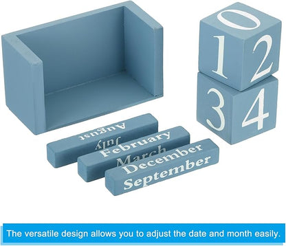 PATIKIL Vintage Wood Block Perpetual Calendar, Reusable Wooden Month Date Display Blocks for Desk Office Home Decoration 3.7", Blue