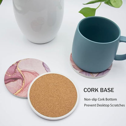 Absorbent Pink Marble Ceramic Coasters for Drinks with Gold Holder and Cork Base Set of 6 Round Decorative Tabletop Protection for Coffee Table Bar Kitchen Home and Dining Room