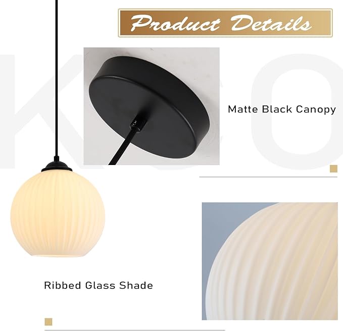 KCO Lighting Milk Glass Globe Pendant Lights Kitchen Island Industrial Vintage Ribbed Pendant Light Black Ceiling Hanging Light Fixture White Globe Pendant Light Fixture