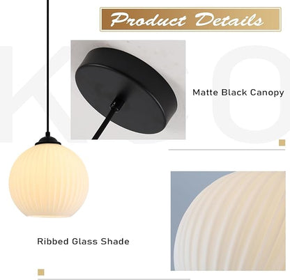 KCO Lighting Milk Glass Globe Pendant Lights Kitchen Island Industrial Vintage Ribbed Pendant Light Black Ceiling Hanging Light Fixture White Globe Pendant Light Fixture