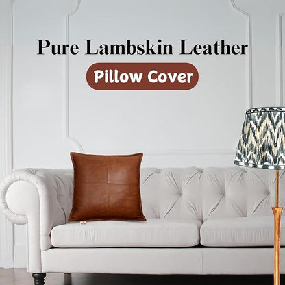 Lambskin Leather Pillow Cover - Sofa Cushion Case - Decorative Throw Covers for Living Room & Bedroom, 22x22 Inches - Tan Orange Box Pack of 1