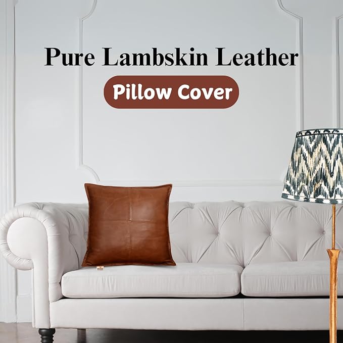 Lambskin Leather Pillow Cover - Sofa Cushion Case - Decorative Throw Covers for Living Room & Bedroom, 18x18 Inches - Tan Orange Box Pack of 2
