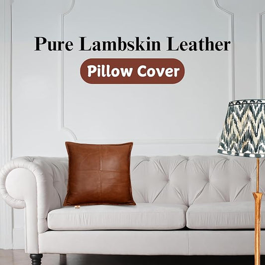 Lambskin Leather Pillow Cover - Sofa Cushion Case - Decorative Throw Covers for Living Room & Bedroom, 20x20 Inches - Tan Orange Box Pack of 1