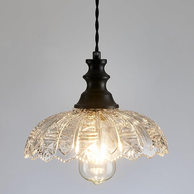 1-Light Pendant Light with Black Metal Glass Shade and Adjustable Cord Industrial Ceiling Hanging Light for Kitchen Island Bar Dining Room Bedroom Foyer Hallway Farmhouse