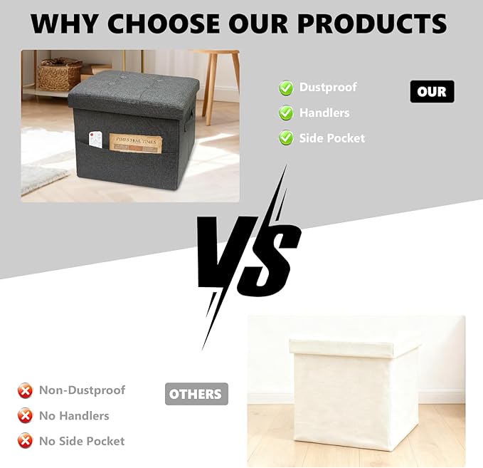 ALASDO Storage Ottoman Footrest Stool Small Ottoman with Storage Foldable Ottomans Foot Rest Footstool Bench for Living Room 17x13x13inches Grey