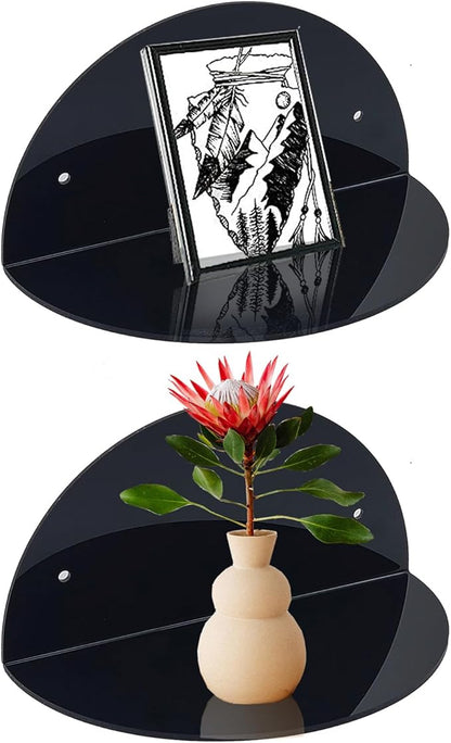 ROYALITA Small Acrylic Shelves Room Decor Floating Shelves (2-Pack, 8-inch Diameter) - Wall Mounted Display Stand for Plants, Toys, Makeup, and More - Ideal for Home and Office, Black