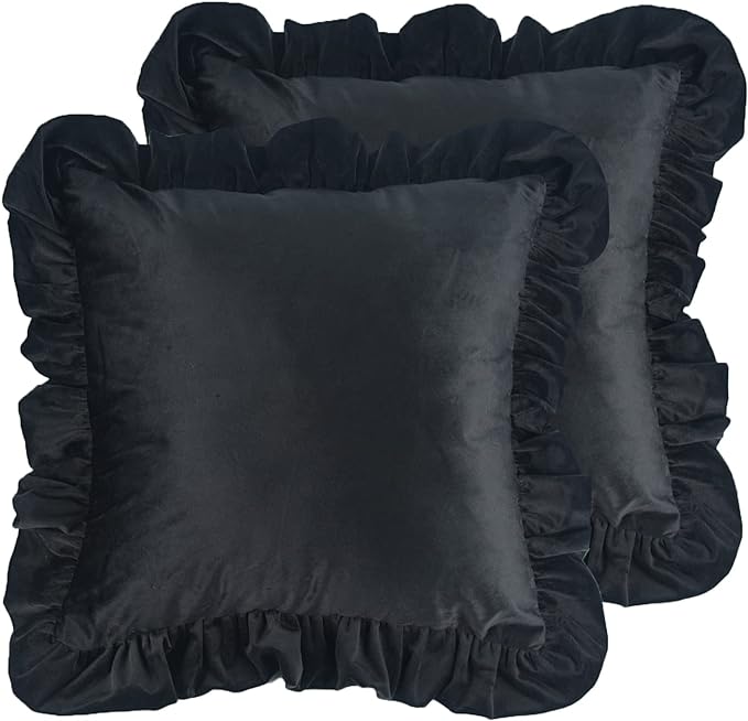 Velvet Ruffle Throw Pillow Covers Couch, Set of 2 Decorative Pillowcases with Ruffles 18x18 Inch Solid Color Shabby Chic Farmhouse Cushion Cover for Living Room Sofa Bed, Black