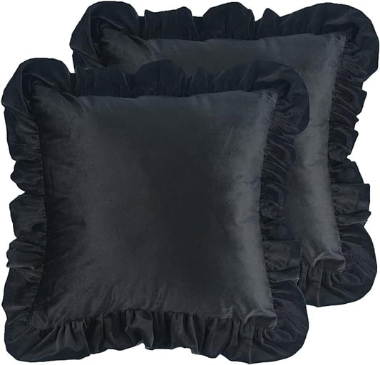 Velvet Ruffle Throw Pillow Covers Couch, Set of 2 Decorative Pillowcases with Ruffles 18x18 Inch Solid Color Shabby Chic Farmhouse Cushion Cover for Living Room Sofa Bed, Black