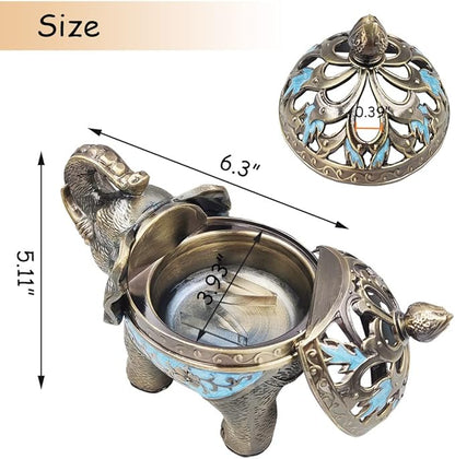 Hourwof Metal Elephant Incense Holder,Vintage Cone Coil Incense Burner with Lid,Ash Catcher,Aromatherapy Ornament Home Office Decor (Light Blue)