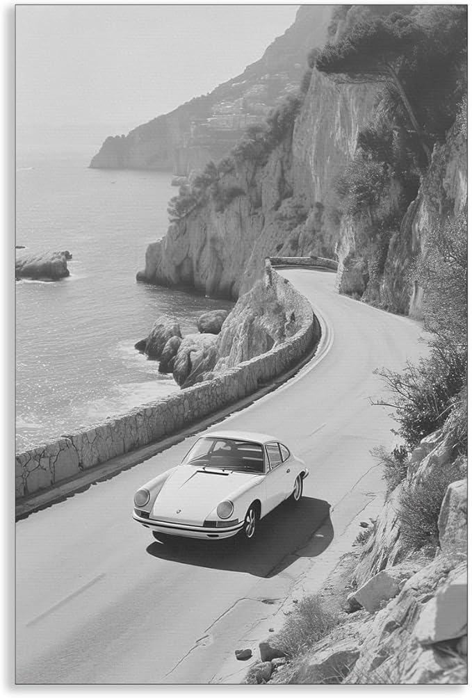 xbsifyiooa Black and White Photography Canvas Wall Art, Car Driving In Amalfi Coast Poster, Vintage Italy Coastal Travel Photo Print, Classic Car Picture for European Road Adventures 8x12in Unframed