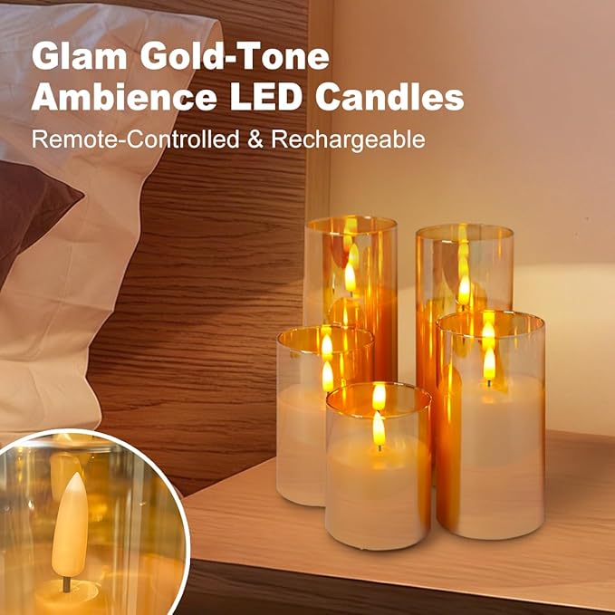 Rechargeable Flameless Candle, Flashing LED Pillar Real Wax Candle with Remote Control and Timer, Gold Glass Electronic Candle, 1 Set of 5（Gold）