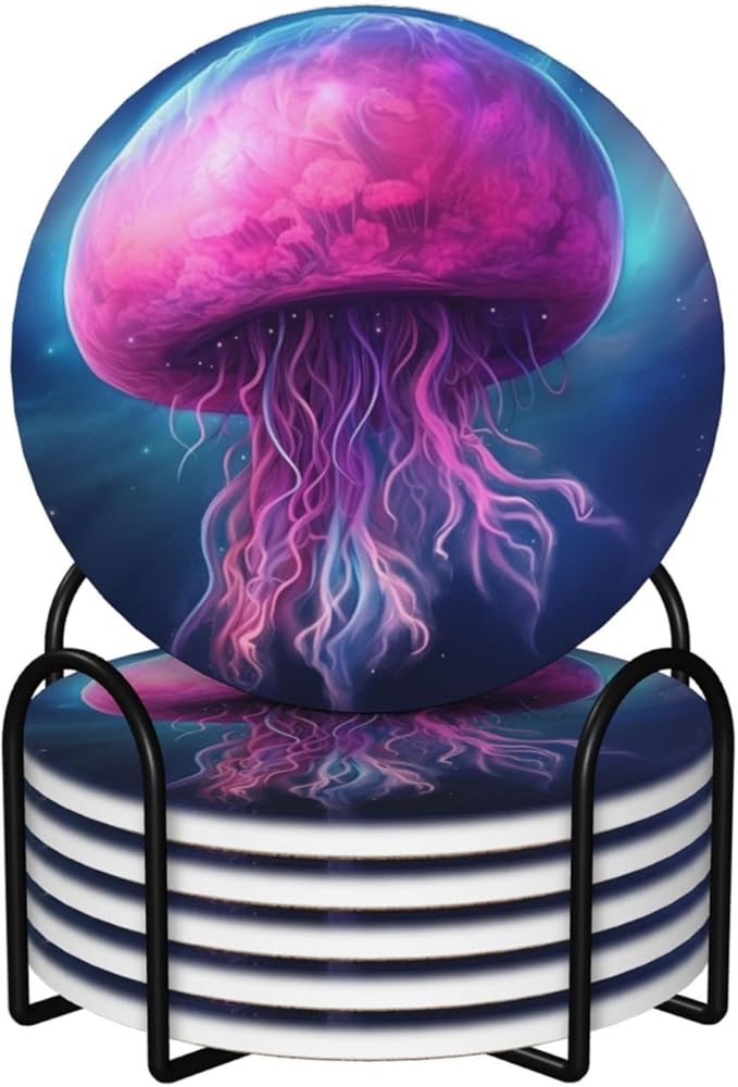 6 Pcs Ceramic Coasters with Holder Absorbent Drink Round Fantasy Starry Sky Pink Gellyfish Design for Home Table Coffee Cup Wine Beer Bar,Size 4.4 inches