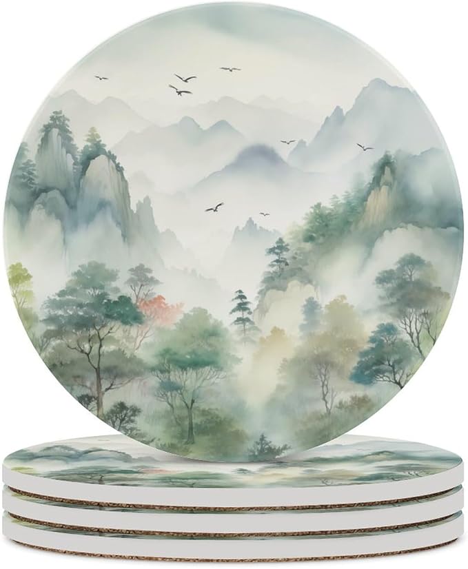 4PCS Forest Ceramic Coasters, Round Absorbent Drink Coasters,Nature Woodland Green Forest Mountain Plant Flying Birds Ceramic Table Coasters for Coffee, Beverage, Wine, Beer Coasters