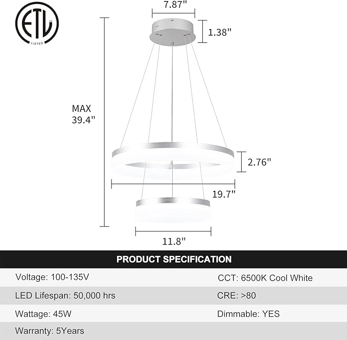 Buccleuch 2-Ring Modern LED Chandelier - Dimmable Silver Round Pendant Light, Height Adjustable ETL-Certified Ceiling Light for Dining Room, Kitchen Island, Living Room, Bedroom, Foyer