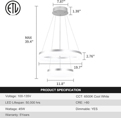 Buccleuch 2-Ring Modern LED Chandelier - Dimmable Silver Round Pendant Light, Height Adjustable ETL-Certified Ceiling Light for Dining Room, Kitchen Island, Living Room, Bedroom, Foyer