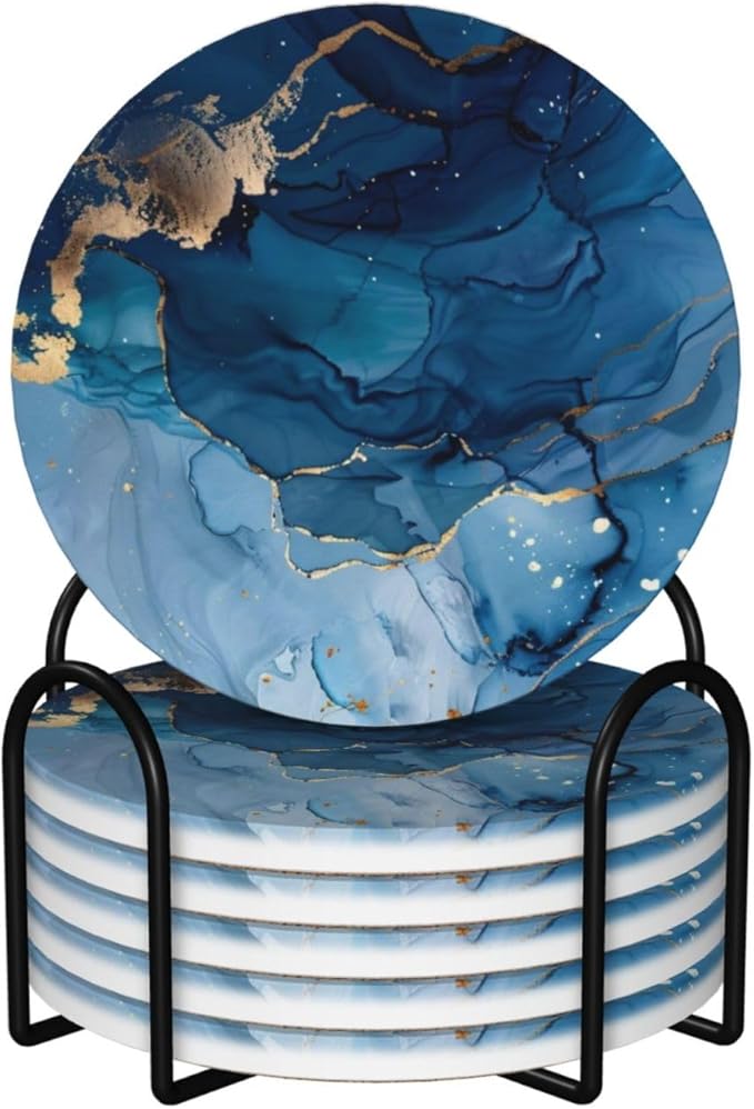6 Pcs Ceramic Coasters with Holder Absorbent Drink Round Navy Blue Gold Marble Agate Style Design for Home Table Coffee Cup Wine Beer Bar,Size 4.4 inches